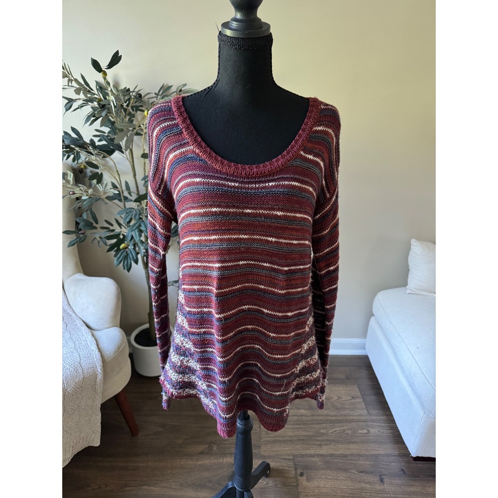 Maurices Womens Medium Burgundy Striped Knit Scoop Neck Long Sleeve Sweater